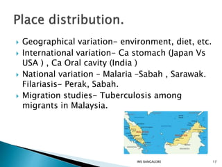  Geographical variation- environment, diet, etc.
 International variation- Ca stomach (Japan Vs
USA ) , Ca Oral cavity (India )
 National variation – Malaria –Sabah , Sarawak.
Filariasis- Perak, Sabah.
 Migration studies- Tuberculosis among
migrants in Malaysia.
17IMS BANGALORE
 