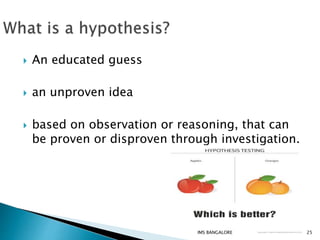 An educated guess
 an unproven idea
 based on observation or reasoning, that can
be proven or disproven through investigation.
25IMS BANGALORE
 