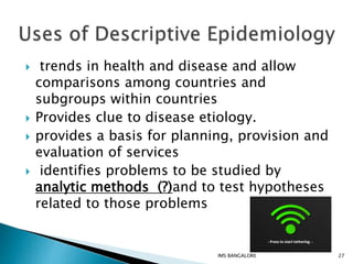  trends in health and disease and allow
comparisons among countries and
subgroups within countries
 Provides clue to disease etiology.
 provides a basis for planning, provision and
evaluation of services
 identifies problems to be studied by
analytic methods (?)and to test hypotheses
related to those problems
27IMS BANGALORE
 