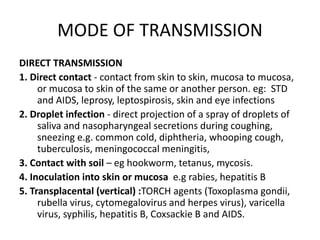 MODE OF TRANSMISSION
DIRECT TRANSMISSION
1. Direct contact - contact from skin to skin, mucosa to mucosa,
or mucosa to skin of the same or another person. eg: STD
and AIDS, leprosy, leptospirosis, skin and eye infections
2. Droplet infection - direct projection of a spray of droplets of
saliva and nasopharyngeal secretions during coughing,
sneezing e.g. common cold, diphtheria, whooping cough,
tuberculosis, meningococcal meningitis,
3. Contact with soil – eg hookworm, tetanus, mycosis.
4. Inoculation into skin or mucosa e.g rabies, hepatitis B
5. Transplacental (vertical) :TORCH agents (Toxoplasma gondii,
rubella virus, cytomegalovirus and herpes virus), varicella
virus, syphilis, hepatitis B, Coxsackie B and AIDS.
 