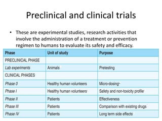 Preclinical and clinical trials
• These are experimental studies, research activities that
involve the administration of a treatment or prevention
regimen to humans to evaluate its safety and efficacy.
 