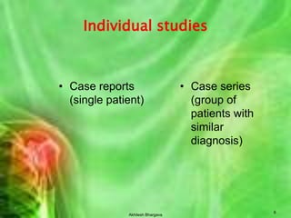 Akhilesh Bhargava6Individual studiesCase reports (single patient)Case series (group of patients with similar diagnosis) 