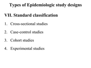 Types of Epidemiologic study designs
VII. Standard classification
1. Cross-sectional studies
2. Case-control studies
3. Cohort studies
4. Experimental studies
 