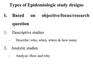 Types of Epidemiologic study designs
I. Based on objective/focus/research
question
1. Descriptive studies
– Describe: who, when, where & how many
2. Analytic studies
– Analyse: How and why
 