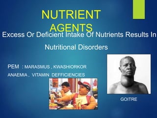 NUTRIENT
AGENTS
Excess Or Deficient Intake Of Nutrients Results In
Nutritional Disorders
PEM : MARASMUS , KWASHIORKOR
ANAEMIA , VITAMIN DEFFICIENCIES
GOITRE
 