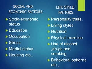  Socio-economic
status
 Education
 Occupation
 Stress
 Marital status
 Housing etc.,
 Personality traits
 Living styles
 Nutrition
 Physical exercise
 Use of alcohol
,drugs and
smoking
 Behavioral patterns
etc.,
SOCIAL AND
ECONOMIC FACTORS
LIFE STYLE
FACTORS
 