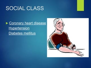 SOCIAL CLASS
 Coronary heart disease
Hypertension
Diabetes mellitus
 