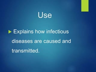 Use
 Explains how infectious
diseases are caused and
transmitted.
 