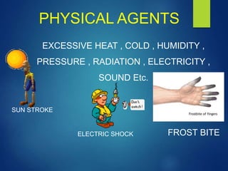 PHYSICAL AGENTS
EXCESSIVE HEAT , COLD , HUMIDITY ,
PRESSURE , RADIATION , ELECTRICITY ,
SOUND Etc.
SUN STROKE
FROST BITE
ELECTRIC SHOCK
 