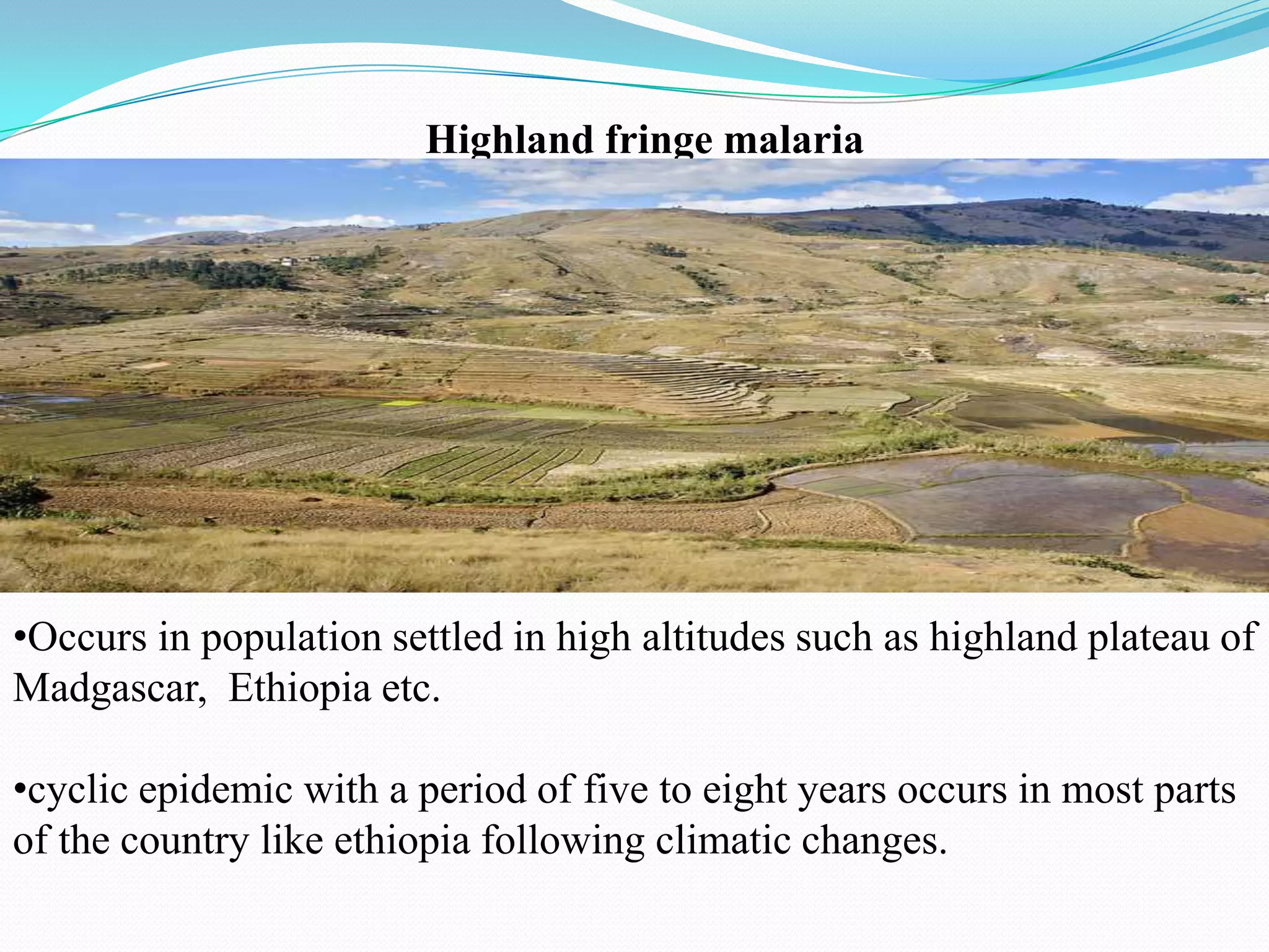 Highland fringe malaria

•Occurs in population settled in high altitudes such as highland plateau of
Madgascar, Ethiopia etc.
•cyclic epidemic with a period of five to eight years occurs in most parts
of the country like ethiopia following climatic changes.

 