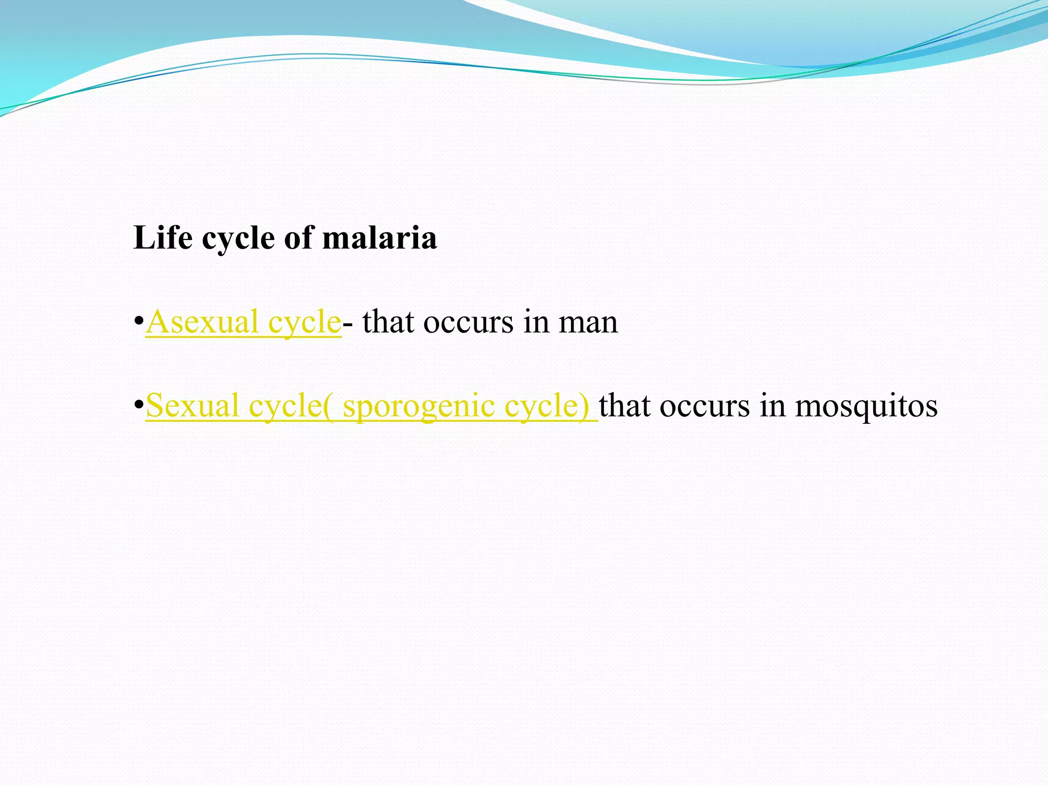 Life cycle of malaria
•Asexual cycle- that occurs in man
•Sexual cycle( sporogenic cycle) that occurs in mosquitos

 