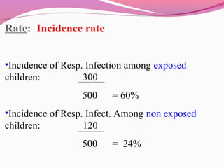 Rate: Incidence rate
•Incidence of Resp. Infection among exposed
children: 300
500 = 60%
•Incidence of Resp. Infect. Among non exposed
children: 120
500 = 24%
 