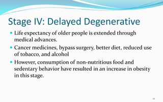 Stage IV: Delayed Degenerative
 Life expectancy of older people is extended through
medical advances.
 Cancer medicines, bypass surgery, better diet, reduced use
of tobacco, and alcohol
 However, consumption of non-nutritious food and
sedentary behavior have resulted in an increase in obesity
in this stage.
21
 