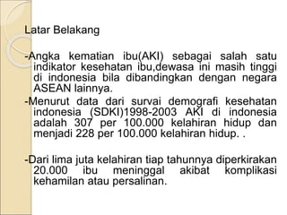 Latar Belakang
-Angka kematian ibu(AKI) sebagai salah satu
indikator kesehatan ibu,dewasa ini masih tinggi
di indonesia bila dibandingkan dengan negara
ASEAN lainnya.
-Menurut data dari survai demografi kesehatan
indonesia (SDKI)1998-2003 AKI di indonesia
adalah 307 per 100.000 kelahiran hidup dan
menjadi 228 per 100.000 kelahiran hidup. .
-Dari lima juta kelahiran tiap tahunnya diperkirakan
20.000 ibu meninggal akibat komplikasi
kehamilan atau persalinan.
 