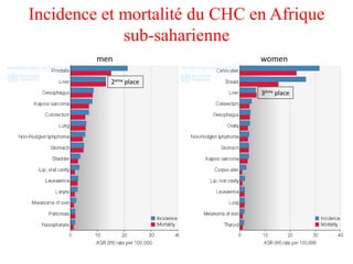 Incidence et mortalité du CHC en Afrique
sub-saharienne
men women
2ème place
3ème place
 