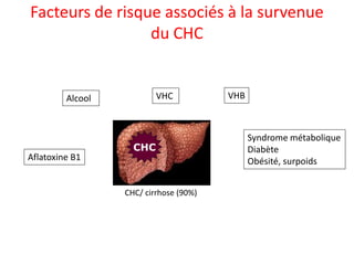CHC
Facteurs de risque associés à la survenue
du CHC
Syndrome métabolique
Diabète
Obésité, surpoids
VHC VHBAlcool
Aflatoxine B1
CHC/ cirrhose (90%)
 