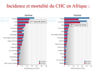 Incidence et mortalité du CHC en Afrique :
homme Femme
3ème cause de cancer
2ème cause de cancer
 
