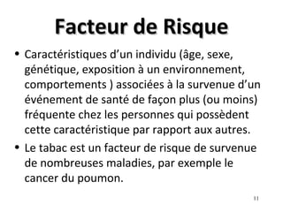 Facteur de Risque
• Caractéristiques d’un individu (âge, sexe,
  génétique, exposition à un environnement,
  comportements ) associées à la survenue d’un
  événement de santé de façon plus (ou moins)
  fréquente chez les personnes qui possèdent
  cette caractéristique par rapport aux autres.
• Le tabac est un facteur de risque de survenue
  de nombreuses maladies, par exemple le
  cancer du poumon.
                                             11
 