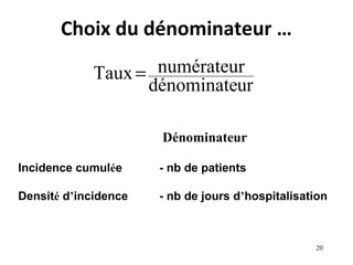 Choix du dénominateur …

             Taux =  numérateur
                    dénominateur

                      Dénominateur

Incidence cumulée     - nb de patients

Densité d’incidence   - nb de jours d’hospitalisation



                                                  20
 