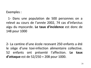 Exemples :
 1- Dans une population de 500 personnes on a
relevé au cours de l’année 2002, 74 cas d’infarctus
aigu du myocarde. Le taux d’incidence est donc de
148 pour 1000


2- La cantine d’une école recevant 250 enfants a été
le siège d’une toxi-infection alimentaire collective.
52 enfants ont présenté l’affection. Le taux
d’attaque est de 52/250 = 208 pour 1000.
                                                    24
 