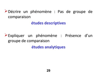Selon leur objectif
 Décrire un phénomène : Pas de groupe de
  comparaison
              études descriptives

 Expliquer un phénomène : Présence d’un
  groupe de comparaison
              études analytiques




                   29
 