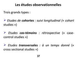 Les études observationnelles
Trois grands types :

 Etudes de cohortes : suivi longitudinal (« cohort
studies »)

 Etudes cas-témoins : rétrospective (« case-
control studies »)

 Etudes transversales : à un temps donné («
cross sectional studies »)
                        37
 