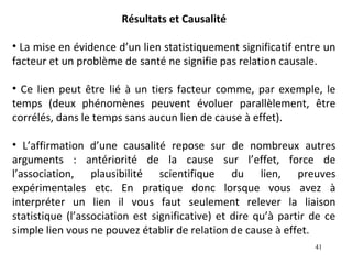Résultats et Causalité

• La mise en évidence d’un lien statistiquement significatif entre un
facteur et un problème de santé ne signifie pas relation causale.

• Ce lien peut être lié à un tiers facteur comme, par exemple, le
temps (deux phénomènes peuvent évoluer parallèlement, être
corrélés, dans le temps sans aucun lien de cause à effet).

• L’affirmation d’une causalité repose sur de nombreux autres
arguments : antériorité de la cause sur l’effet, force de
l’association, plausibilité scientifique du lien, preuves
expérimentales etc. En pratique donc lorsque vous avez à
interpréter un lien il vous faut seulement relever la liaison
statistique (l’association est significative) et dire qu’à partir de ce
simple lien vous ne pouvez établir de relation de cause à effet.
                                                                  41
 