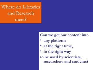 Where do Libraries and Research meet? Can we get our content into  any platform  at the right time, in the right way  to be used by scientists, researchers and students? 