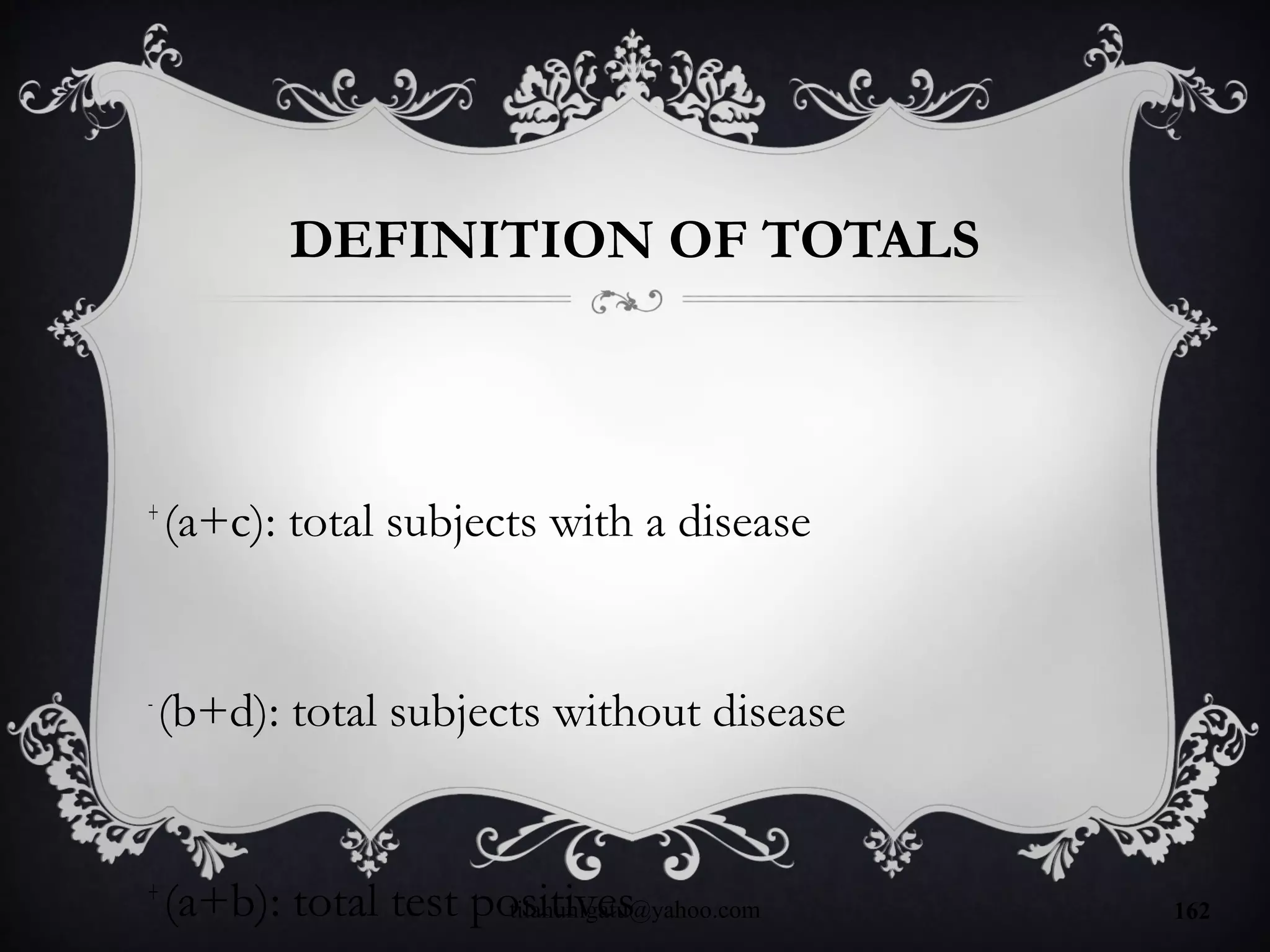 DEFINITION OF TOTALS
+
(a+c): total subjects with a disease
-
(b+d): total subjects without disease
+
(a+b): total test positivestilahunigatu@yahoo.com 162
 
