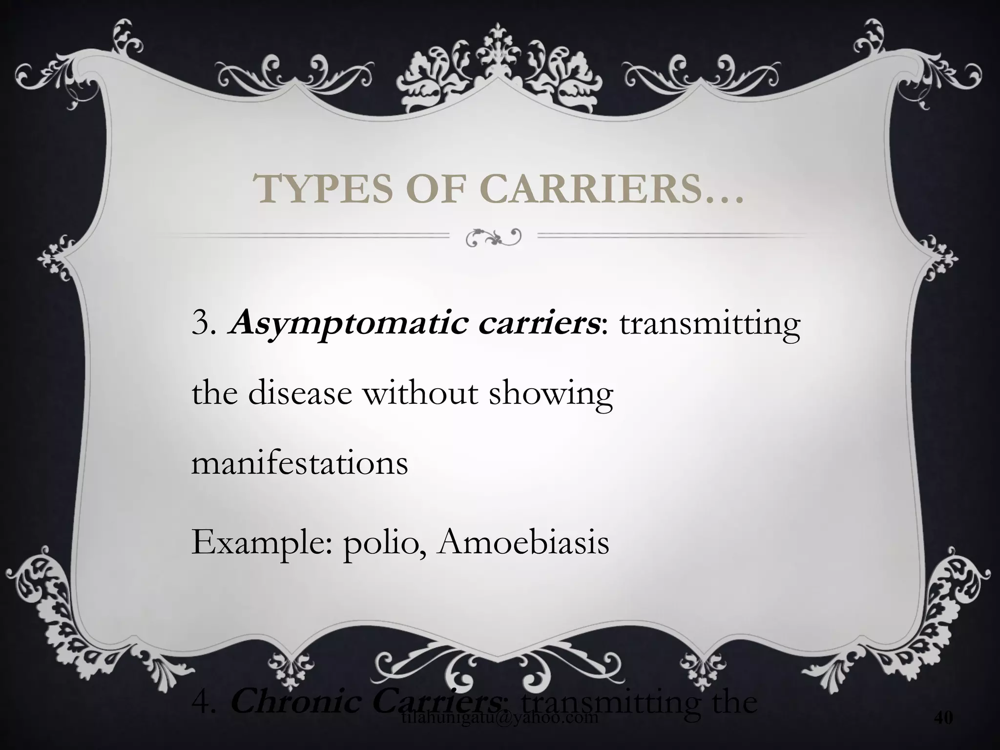 TYPES OF CARRIERS…
3. Asymptomatic carriers: transmitting
the disease without showing
manifestations
Example: polio, Amoebiasis
4. Chronic Carriers: transmitting thetilahunigatu@yahoo.com 40
 