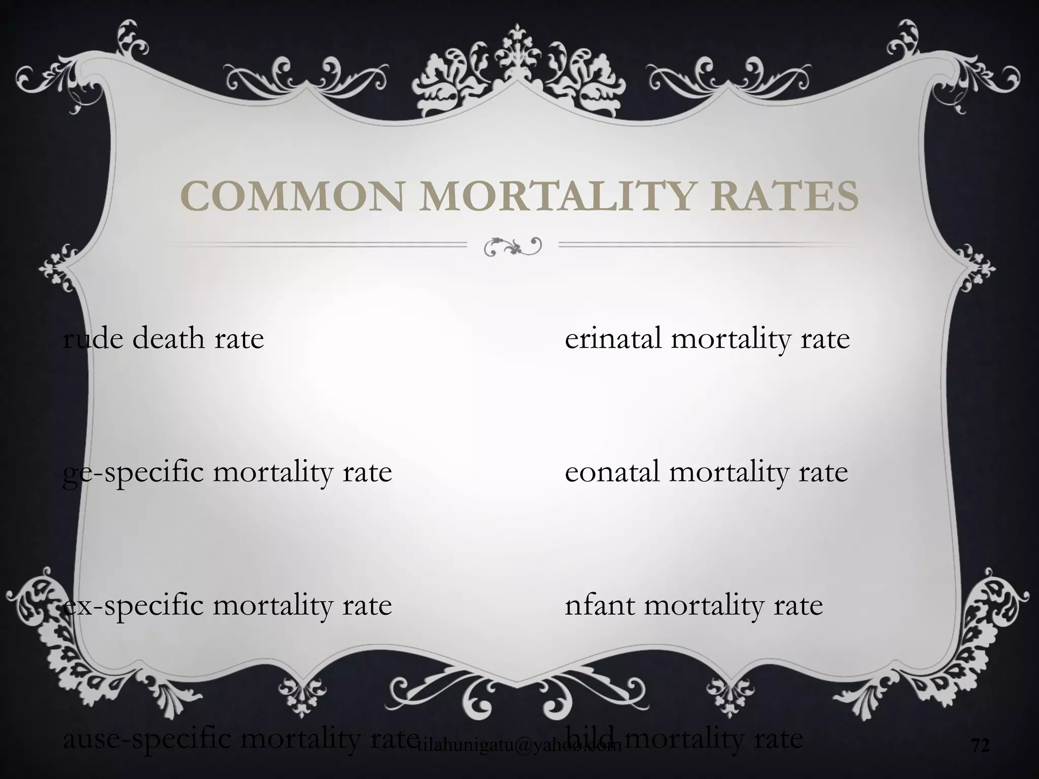 rude death rate
ge-specific mortality rate
ex-specific mortality rate
ause-specific mortality rate
COMMON MORTALITY RATES
tilahunigatu@yahoo.com 72
erinatal mortality rate
eonatal mortality rate
nfant mortality rate
hild mortality rate
 