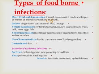 
•Direct (fecal-oral) transmission: through contaminated hands and fingers
by human or animal excreta (hand to mouth).
•Indirect (ingestion of contaminated food) through
•Vehicle transmission: contaminated water, ice, raw vegetables and fruits,
milk, meat, eggs, fish
•Vector transmission: mechanical transmission of organisms by house flies
and cockroaches.
•Use of human fertilizer lead to contamination of food (vegetables).
•Contaminated dust.
Examples of food borne infections
•Bacterial: cholera, typhoid, food poisoning, brucellosis.
•Viral: poliomyelitis, viral hepatitis
Parasitic: Ascariasis, amoebiasis, hydatid disease.
•Types of food borne
infections:
 