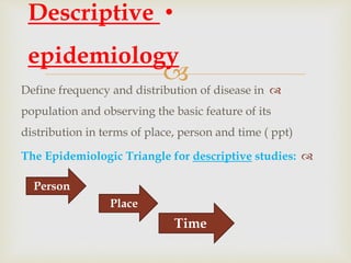  Define frequency and distribution of disease in
population and observing the basic feature of its
distribution in terms of place, person and time ( ppt)
The Epidemiologic Triangle for descriptive studies:
•Descriptive
epidemiology
Person
Place
Time
 
