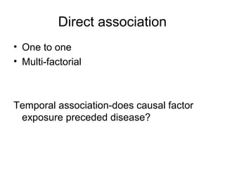 Direct association
• One to one
• Multi-factorial
Temporal association-does causal factor
exposure preceded disease?
 