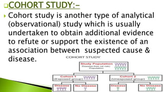 COHORT STUDY:-
 Cohort study is another type of analytical
(observational) study which is usually
undertaken to obtain additional evidence
to refute or support the existence of an
association between suspected cause &
disease.
 