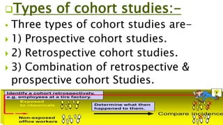 Types of cohort studies:-
 Three types of cohort studies are-
 1) Prospective cohort studies.
 2) Retrospective cohort studies.
 3) Combination of retrospective &
prospective cohort Studies.
 