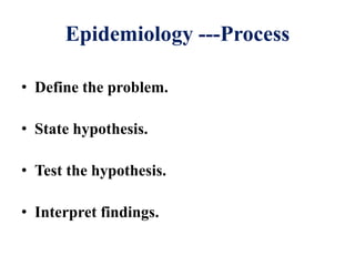 Epidemiology ---Process
• Define the problem.
• State hypothesis.
• Test the hypothesis.
• Interpret findings.
 