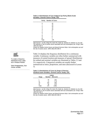 Summarizing Data
Page 2-7
Table 2.4 Distribution of Case-Subjects by Parity (Ratio-Scale
Variable), Ovarian Cancer Study, CDC
Parity Number of Cases
0 45
1 25
2 43
3 32
4 22
5 8
6 2
7 0
8 1
9 0
10 1
Total 179
Data Sources: Lee NC, Wingo PA, Gwinn ML, Rubin GL, Kendrick JS, Webster LA, Ory HW.
The reduction in risk of ovarian cancer associated with oral contraceptive use. N Engl J Med
1987;316: 650–5.
Centers for Disease Control Cancer and Steroid Hormone Study. Oral contraceptive use and
the risk of ovarian cancer. JAMA 1983;249:1596–9.
To create a frequency
distribution from a data
set in Analysis Module:
Select frequencies, then
choose variable.
Table 2.4 displays the frequency distribution for a continuous
variable. Continuous variables are often further summarized with
measures of central location and measures of spread. Distributions
for ordinal and nominal variables are illustrated in Tables 2.5 and
2.6, respectively. Categorical variables are usually further
summarized as ratios, proportions, and rates (discussed in Lesson
3).
Table 2.5 Distribution of Cases by Stage of Disease
(Ordinal-Scale Variable), Ovarian Cancer Study, CDC
CASES
Stage Number (Percent)
I 45 (20)
II 11 ( 5)
III 104 (58)
IV 30 (17)
Total 179 (100)
Data Sources: Lee NC, Wingo PA, Gwinn ML, Rubin GL, Kendrick JS, Webster LA, Ory HW.
The reduction in risk of ovarian cancer associated with oral contraceptive use. N Engl J Med
1987;316: 650–5.
Centers for Disease Control Cancer and Steroid Hormone Study. Oral contraceptive use and
the risk of ovarian cancer. JAMA 1983;249:1596–9.
 