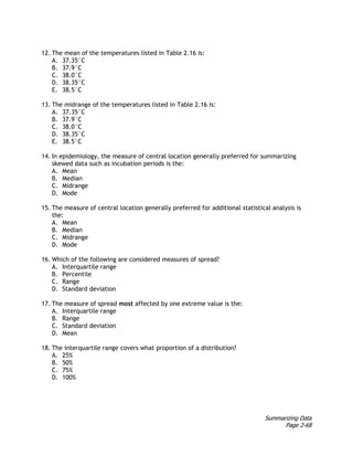 Summarizing Data
Page 2-68
12. The mean of the temperatures listed in Table 2.16 is:
A. 37.35°C
B. 37.9°C
C. 38.0°C
D. 38.35°C
E. 38.5°C
13. The midrange of the temperatures listed in Table 2.16 is:
A. 37.35°C
B. 37.9°C
C. 38.0°C
D. 38.35°C
E. 38.5°C
14. In epidemiology, the measure of central location generally preferred for summarizing
skewed data such as incubation periods is the:
A. Mean
B. Median
C. Midrange
D. Mode
15. The measure of central location generally preferred for additional statistical analysis is
the:
A. Mean
B. Median
C. Midrange
D. Mode
16. Which of the following are considered measures of spread?
A. Interquartile range
B. Percentile
C. Range
D. Standard deviation
17. The measure of spread most affected by one extreme value is the:
A. Interquartile range
B. Range
C. Standard deviation
D. Mean
18. The interquartile range covers what proportion of a distribution?
A. 25%
B. 50%
C. 75%
D. 100%
 