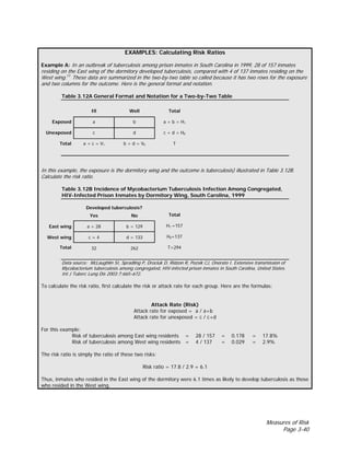 Measures of Risk
Page 3-40
EXAMPLES: Calculating Risk Ratios
Example A: In an outbreak of tuberculosis among prison inmates in South Carolina in 1999, 28 of 157 inmates
residing on the East wing of the dormitory developed tuberculosis, compared with 4 of 137 inmates residing on the
West wing.11
These data are summarized in the two-by-two table so called because it has two rows for the exposure
and two columns for the outcome. Here is the general format and notation.
Table 3.12A General Format and Notation for a Two-by-Two Table
Ill Well Total
Exposed a b a + b = H1
Unexposed c d c + d = H0
Total a + c = V1 b + d = V0 T
In this example, the exposure is the dormitory wing and the outcome is tuberculosis) illustrated in Table 3.12B.
Calculate the risk ratio.
Table 3.12B Incidence of Mycobacterium Tuberculosis Infection Among Congregated,
HIV-Infected Prison Inmates by Dormitory Wing, South Carolina, 1999
Developed tuberculosis?
Yes No Total
East wing a = 28 b = 129 H1 =157
West wing c = 4 d = 133 H0=137
Total 32 262 T=294
Data source: McLaughlin SI, Spradling P, Drociuk D, Ridzon R, Pozsik CJ, Onorato I. Extensive transmission of
Mycobacterium tuberculosis among congregated, HIV-infected prison inmates in South Carolina, United States.
Int J Tuberc Lung Dis 2003;7:665–672.
To calculate the risk ratio, first calculate the risk or attack rate for each group. Here are the formulas:
Attack Rate (Risk)
Attack rate for exposed = a / a+b
Attack rate for unexposed = c / c+d
For this example:
Risk of tuberculosis among East wing residents = 28 / 157 = 0.178 = 17.8%
Risk of tuberculosis among West wing residents = 4 / 137 = 0.029 = 2.9%
The risk ratio is simply the ratio of these two risks:
Risk ratio = 17.8 / 2.9 = 6.1
Thus, inmates who resided in the East wing of the dormitory were 6.1 times as likely to develop tuberculosis as those
who resided in the West wing.
 