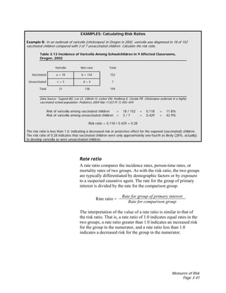 Measures of Risk
Page 3-41
EXAMPLES: Calculating Risk Ratios
Example B: In an outbreak of varicella (chickenpox) in Oregon in 2002, varicella was diagnosed in 18 of 152
vaccinated children compared with 3 of 7 unvaccinated children. Calculate the risk ratio.
Table 3.13 Incidence of Varicella Among Schoolchildren in 9 Affected Classrooms,
Oregon, 2002
Varicella Non-case Total
Vaccinated a = 18 b = 134 152
Unvaccinated c = 3 d = 4 7
Total 21 138 159
Data Source: Tugwell BD, Lee LE, Gillette H, Lorber EM, Hedberg K, Cieslak PR. Chickenpox outbreak in a highly
vaccinated school population. Pediatrics 2004 Mar;113(3 Pt 1):455–459.
Risk of varicella among vaccinated children = 18 / 152 = 0.118 = 11.8%
Risk of varicella among unvaccinated children = 3 / 7 = 0.429 = 42.9%
Risk ratio = 0.118 / 0.429 = 0.28
The risk ratio is less than 1.0, indicating a decreased risk or protective effect for the exposed (vaccinated) children.
The risk ratio of 0.28 indicates that vaccinated children were only approximately one-fourth as likely (28%, actually)
to develop varicella as were unvaccinated children.
Rate ratio
A rate ratio compares the incidence rates, person-time rates, or
mortality rates of two groups. As with the risk ratio, the two groups
are typically differentiated by demographic factors or by exposure
to a suspected causative agent. The rate for the group of primary
interest is divided by the rate for the comparison group.
Rate for group of primary interest
Rate ratio =
Rate for comparison group
The interpretation of the value of a rate ratio is similar to that of
the risk ratio. That is, a rate ratio of 1.0 indicates equal rates in the
two groups, a rate ratio greater than 1.0 indicates an increased risk
for the group in the numerator, and a rate ratio less than 1.0
indicates a decreased risk for the group in the numerator.
 