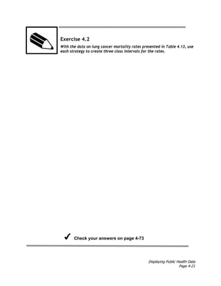 Displaying Public Health Data
Page 4-21
Exercise 4.2
With the data on lung cancer mortality rates presented in Table 4.13, use
each strategy to create three class intervals for the rates.
Check your answers on page 4-73
 