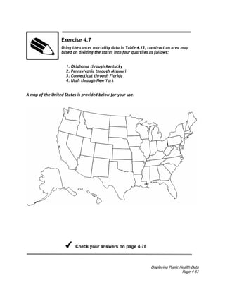 Displaying Public Health Data
Page 4-61
Exercise 4.7
Using the cancer mortality data in Table 4.13, construct an area map
based on dividing the states into four quartiles as follows:
1. Oklahoma through Kentucky
2. Pennsylvania through Missouri
3. Connecticut through Florida
4. Utah through New York
A map of the United States is provided below for your use.
Check your answers on page 4-78
 