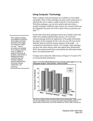 Displaying Public Health Data
Page 4-63
Using Computer Technology
Many computer software packages are available to create tables
and graphs. Most of these packages are quite useful, particularly in
allowing the user to redraw a graph with only a few keystrokes.
With these packages, you can now quickly and easily draw a
number of graphs of different types and see for yourself which one
best illustrates the point you wish to make when you present your
data.23-28
Many software packages
are available for producing
all the tables and charts
discussed in this chapter.
One particularly helpful
one is R,
29
used by
universities and available
for no charge around the
world. In addition to
graphical techniques, R
provides a wide variety of
statistical techniques
(including linear and
nonlinear modeling,
classical statistical tests,
time-series analysis,
classification, and
clustering).
On the other hand, these packages tend to have default values that
differ from standard epidemiologic practice. Do not let the
software package dictate the appearance of the graph. Remember
the adage: let the computer do the work, but you still must do the
thinking. Keep in mind the primary purpose of the graph — to
communicate information to others. For example, many packages
can draw bar charts and pie charts that appear three-dimensional.
Will a three-dimensional chart communicate the information better
than a two-dimensional one?
Compare and contrast the effectiveness of Figure 4.37a and 4.37b
in communicating information.
Figure 4.37a Past Month Marijuana Use Among Youths Aged 12–17, by
Geographic Region—United States, 2003 and 2004
Data Source: Substance Abuse and Mental Health Services Administration. (2005). Results
from the 2004 National Survey on Drug Use and Health: National Findings (Office of
Applied Studies, NSDUH Series H-28, DHHS Publication No. SMA 05-4062). Rockville, MD.
 