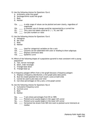 Displaying Public Health Data
Page 4-82
12. Use the following choices for Questions 12a–d:
A. Arithmetic-scale line graph
B. Semilogarithmic-scale line graph
C. Both
D. Neither
12a. ____ A wide range of values can be plotted and seen clearly, regardless of
magnitude
12b. ____ A constant rate of change would be represented by a curved line
12c. ____ The y-axis tick labels could be 0.1, 1, 10, and 100
12d. ____ Can plot numbers or rates
13. Use the following choices for Questions 13a–d:
A. Histogram
B. Bar chart
C. Both
D. Neither
13a. ____ Used for categorical variables on the x-axis
13b. ____ Columns can be subdivided with color or shading to show subgroups
13c. ____ Displays continuous data
13d. ____ Epidemic curve
14. Which of the following shapes of a population pyramid is most consistent with a young
population?
A. Tall, narrow rectangle
B. Short, wide rectangle
C. Triangle base down
D. Triangle base up
15. A frequency polygon differs from a line graph because a frequency polygon:
A. Displays a frequency distribution; a line graph plots data points
B. Must be closed (plotted line much touch x-axis) at both ends
C. Cannot be used to plot data over time
D. Can show percentages on the y-axis; a line graph cannot
16. Use the following choices for Questions 16a–d:
A. Cumulative frequency curve
B. Survival curve
C. Both
D. Neither
16a. ____ Y-axis shows percentages from 0% to 100%
16b. ____ Plotted curve usually begins in the upper left corner
16c. ____ Plotted curve usually begins in the lower left corner
16d. ____ Horizontal line drawn from 50% tick mark to plotted curve intersects at
median
 