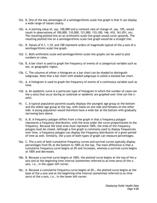 Displaying Public Health Data
Page 4-86
12a. B. One of the key advantages of a semilogarithmic-scale line graph is that it can display
a wide range of values clearly.
12b. A. A starting value of, say, 100,000 and a constant rate of change of, say, 10%, would
result in observations of 100,000, 110,000, 121,000, 133,100, 146, 410, 161,051, etc.
The resulting plotted line on an arithmetic-scale line graph would curve upwards. The
resulting plotted line on a semilogarithmic-scale line graph would be a straight line.
12c. B. Values of 0.1, 1,10, and 100 represent orders of magnitude typical of the y-axis of a
semilogarithmic-scale line graph.
12d. C. Both arithmetic-scale and semilogarithmic-scale line graphs can be used to plot
numbers or rates.
13a. B. A bar chart is used to graph the frequency of events of a categorical variable such as
sex, or geographic region.
13b. C. The columns of either a histogram or a bar chart can be shaded to distinguish
subgroups. Note that a bar chart with shaded subgroups is called a stacked bar chart.
13c. A. A histogram is used to graph the frequency of events of a continuous variable such as
time.
13d. A. An epidemic curve is a particular type of histogram in which the number of cases (on
the y-axis) that occur during an outbreak or epidemic are graphed over time (on the x-
axis).
14. C. A typical population pyramid usually displays the youngest age group at the bottom
and the oldest age group at the top, with males on one side and females on the other
side. A young population would therefore have a wide bar at the bottom with gradually
narrowing bars above.
15. A, B. A frequency polygon differs from a line graph in that a frequency polygon
represents a frequency distribution, with the area under the curve proportionate to the
frequency. Because the total area must represent 100%, the ends of the frequency
polygon must be closed. Although a line graph is commonly used to display frequencies
over time, a frequency polygon can display the frequency distribution of a given period
of time as well. Similarly, the y-axis of both types of graph can measure percentages.
16a. C. The y-axis of both cumulative frequency curves and survival curves typically display
percentages from 0% at the bottom to 100% at the top. The main difference is that a
cumulative frequency curve begins at 0% and increases, whereas a survival curve begins
at 100% and decreases.
16b. B. Because a survival curve begins at 100%, the plotted curve begins at the top of the y-
axis and at the beginning time interval (sometimes referred to as time-zero) of the x-
axis, i.e., in the upper left corner.
16c. A. Because a cumulative frequency curve begins at 0%., the plotted curve begins at the
base of the y-axis and at the beginning time interval (sometimes referred to as time-
zero) of the x-axis, i.e., in the lower left corner.
 