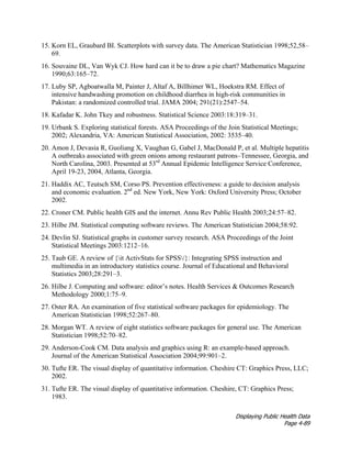 Displaying Public Health Data
Page 4-89
15. Korn EL, Graubard BI. Scatterplots with survey data. The American Statistician 1998;52,58–
69.
16. Souvaine DL, Van Wyk CJ. How hard can it be to draw a pie chart? Mathematics Magazine
1990;63:165–72.
17. Luby SP, Agboatwalla M, Painter J, Altaf A, Billhimer WL, Hoekstra RM. Effect of
intensive handwashing promotion on childhood diarrhea in high-risk communities in
Pakistan: a randomized controlled trial. JAMA 2004; 291(21):2547–54.
18. Kafadar K. John Tkey and robustness. Statistical Science 2003:18:319–31.
19. Urbank S. Exploring statistical forests. ASA Proceedings of the Join Statistical Meetings;
2002; Alexandria, VA: American Statistical Association, 2002: 3535–40.
20. Amon J, Devasia R, Guoliang X, Vaughan G, Gabel J, MacDonald P, et al. Multiple hepatitis
A outbreaks associated with green onions among restaurant patrons–Tennessee, Georgia, and
North Carolina, 2003. Presented at 53rd
Annual Epidemic Intelligence Service Conference,
April 19-23, 2004, Atlanta, Georgia.
21. Haddix AC, Teutsch SM, Corso PS. Prevention effectiveness: a guide to decision analysis
and economic evaluation. 2nd
ed. New York, New York: Oxford University Press; October
2002.
22. Croner CM. Public health GIS and the internet. Annu Rev Public Health 2003;24:57–82.
23. Hilbe JM. Statistical computing software reviews. The American Statistician 2004;58:92.
24. Devlin SJ. Statistical graphs in customer survey research. ASA Proceedings of the Joint
Statistical Meetings 2003:1212–16.
25. Taub GE. A review of {it ActivStats for SPSS/}: Integrating SPSS instruction and
multimedia in an introductory statistics course. Journal of Educational and Behavioral
Statistics 2003;28:291–3.
26. Hilbe J. Computing and software: editor’s notes. Health Services & Outcomes Research
Methodology 2000;1:75–9.
27. Oster RA. An examination of five statistical software packages for epidemiology. The
American Statistician 1998;52:267–80.
28. Morgan WT. A review of eight statistics software packages for general use. The American
Statistician 1998;52:70–82.
29. Anderson-Cook CM. Data analysis and graphics using R: an example-based approach.
Journal of the American Statistical Association 2004;99:901–2.
30. Tufte ER. The visual display of quantitative information. Cheshire CT: Graphics Press, LLC;
2002.
31. Tufte ER. The visual display of quantitative information. Cheshire, CT: Graphics Press;
1983.
 