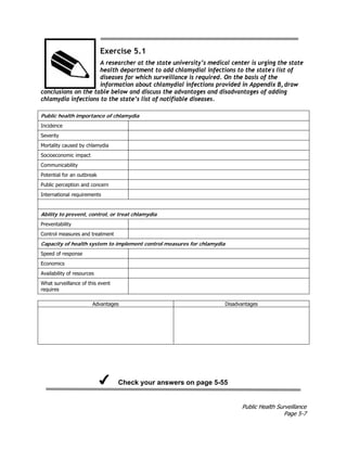 Public Health Surveillance
Page 5-7
Exercise 5.1
A researcher at the state university’s medical center is urging the state
health department to add chlamydial infections to the state's list of
diseases for which surveillance is required. On the basis of the
information about chlamydial infections provided in Appendix B, draw
conclusions on the table below and discuss the advantages and disadvantages of adding
chlamydia infections to the state’s list of notifiable diseases.
Public health importance of chlamydia
Incidence
Severity
Mortality caused by chlamydia
Socioeconomic impact
Communicability
Potential for an outbreak
Public perception and concern
International requirements
Ability to prevent, control, or treat chlamydia
Preventability
Control measures and treatment
Capacity of health system to implement control measures for chlamydia
Speed of response
Economics
Availability of resources
What surveillance of this event
requires
Advantages Disadvantages
Check your answers on page 5-55
 