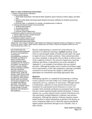 Public Health Surveillance
Page 5-15
Table 5.3 Types of Notification and Examples
1. Disease or hazard-specific notifications
a. Communicable diseases
i. World Health Organization: International health regulations require reporting of cholera, plague, and yellow
fever
ii. National: United States and Canada specify diseases that require notification by all states and provinces,
respectively
iii. Provincial, state, or subnational: for example, coccidioidomycosis in California
b. Chemical and physical hazards in the environment
i. Childhood lead poisoning
ii. Occupational hazards
iii. Firearm-related injury
iv. Consumer product-related injury
2. Notifications related to treatment administration
a. Adverse effect of drugs or medical products
b. Adverse effect from vaccines
3. Notifications related to persons at risk
a. Elevated blood lead among adults
b. Elevated blood lead among children
Adapted from: Koo D, Wingo P, Rothwell C. Health Statistics from Notifications, Registration Systems, and Registries. In: Friedman
D, Parrish RG, Hunter E (editors). Health Statistics: Shaping Policy and Practice to Improve the Population’s Health. New York:
Oxford University Press; 2005, p. 82.
Use of sentinel sites has
become the preferred approach
for human immunodeficiency
virus/acquired
immunodeficiency syndrome
(HIV/AIDS) surveillance for
certain countries where
national population-based
surveillance for HIV infection is
not feasible. This approach is
based on periodic serologic
surveys conducted at selected
sites with well-defined
population subgroups (e.g.,
prenatal clinics). Under this
strategy, health officials define
the population subgroups and
the regions to study and then
identify health-care facilities
serving those populations that
are capable and willing to
participate. These facilities
then conduct serologic surveys
at least annually to provide
statistically valid estimates of
HIV prevalence.
Because underreporting is common for certain diseases, an
alternative to traditional reporting is sentinel reporting, which
relies on a prearranged sample of health-care providers who agree
to report all cases of certain conditions. These sentinel providers
are clinics, hospitals, or physicians who are likely to observe cases
of the condition of interest. The network of physicians reporting
influenza-like illness, as described in one of the examples in
Appendix C, is an example of surveillance that uses sentinel
providers. Although the sample used in sentinel surveillance might
not be representative of the entire population, reporting is probably
consistent over time because the sample is stable and the
participants are committed to providing high-quality data.
Registries
Maintaining registries is a method for documenting or tracking
events or persons over time (Table 5.4). Certain registries are
required by law (e.g., registries of vital events). Although similar
to notifications, registries are more specific because they are
intended to be a permanent record of persons or events. For
example, birth and death certificates are permanent legal records
that also contain important health-related information. A disease
registry (e.g., a cancer registry) tracks a person with disease over
time and usually includes diagnostic, treatment, and outcome
information. Although the majority of disease registries require
health facilities to report information on patients with disease, an
active component might exist in which the registry periodically
updates patient information through review of health, vital, or
other records.
 