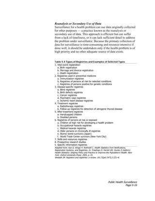 Public Health Surveillance
Page 5-16
Reanalysis or Secondary Use of Data
Surveillance for a health problem can use data originally collected
for other purposes — a practice known as the reanalysis or
secondary use of data. This approach is efficient but can suffer
from a lack of timeliness, or it can lack sufficient detail to address
the problem under surveillance. Because the primary collection of
data for surveillance is time-consuming and resource-intensive if
done well, it should be undertaken only if the health problem is of
high priority and no other adequate source of data exists.
Table 5.4 Types of Registries and Examples of Selected Types
1. Vital event registration
a. Birth registration
b. Marriage and divorce registration
c. Death registration
2. Registries used in preventive medicine
a. Immunization registries
b. Registries of persons at risk for selected conditions
c. Registries of persons positive for genetic conditions
3. Disease-specific registries
a. Blind registries
b. Birth defects registries
c. Cancer registries
d. Psychiatric case registries
e. Ischemic heart disease registries
4. Treatment registries
a. Radiotherapy registries
b. Follow-up registries for detection of iatrogenic thyroid disease
5. After-treatment registries
a. Handicapped children
b. Disabled persons
6. Registries of persons at risk or exposed
a. Children at high risk for developing a health problem
b. Occupational hazards registries
c. Medical hazards registries
d. Older persons or chronically ill registries
e. Atomic bomb survivors (Japan)
f. World Trade Center survivors (New York City)
7. Skills and resources registries
8. Prospective research studies
9. Specific information registries
Adapted from: Koo D, Wingo P, Rothwell C. Health Statistics from Notifications,
Registration Systems, and Registries. In: Friedman D, Parrish RG, Hunter E (editors).
Health Statistics: Shaping Policy and Practice to Improve the Population’s Health. New
York: Oxford University Press; 2005, p. 91.
Weddell JM. Registers and registries: a review. Int J Epid 1973;2:221–8.
 